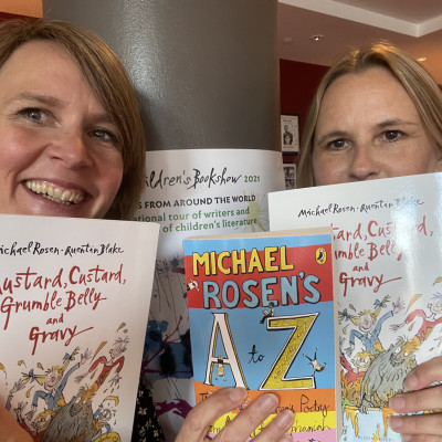 Liz and Jo from the Bookshow excited in between Michael Rosen's performances!