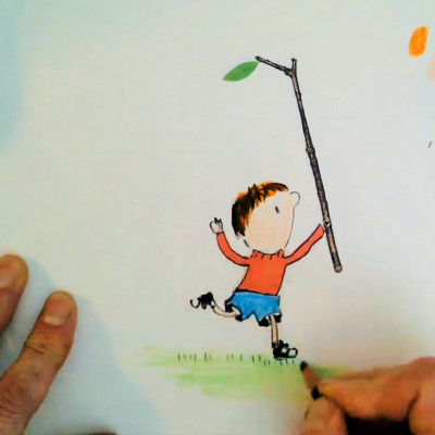 Neal Layton drawing Stanley from *Stanley's Stick*, during his live digital festival performance