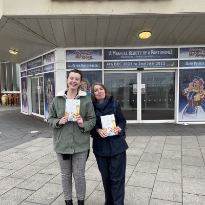 Ella and Marian, of The Children's Bookshow team outside the Floral Pavilion
