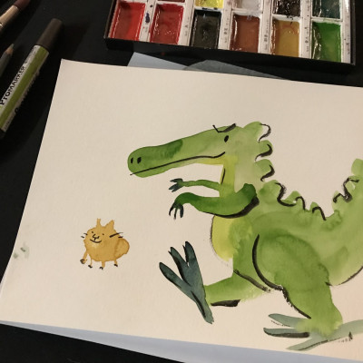Viv's painting of crocodile, and some of her painting materials