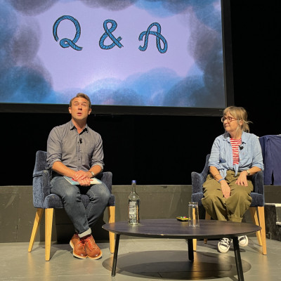 Helen Stephens and Owen Sheers on stage at the Warwick Arts Centre