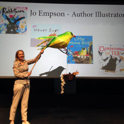 Jo on stage in Hereford with Little Home Bird puppet