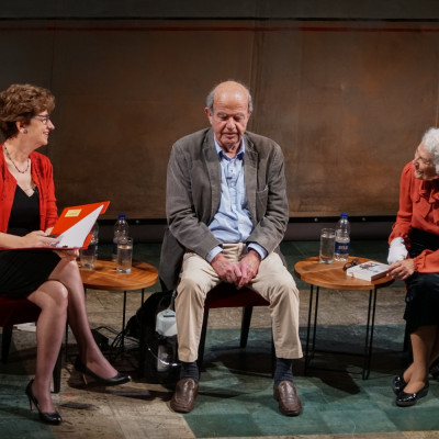 John Burningham on stage with Judith Kerr and Nicolette Jones at The Old Vic in London in 2017