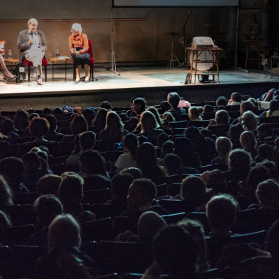John Burningham on stage at The Children's Bookshow in 2017. With Judith Kerr and Nicolette Jones at the Old Vic in London.