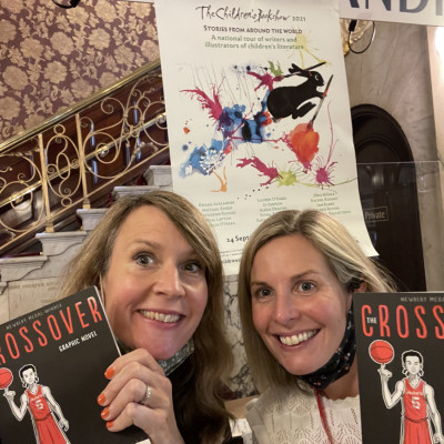 The Children's Bookshow staff, Liz and Katy get ready to hand out books