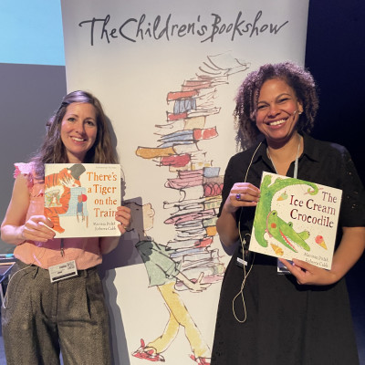 Rebecca Cobb and Mariesa Dulak with the Children's Bookshow banner!