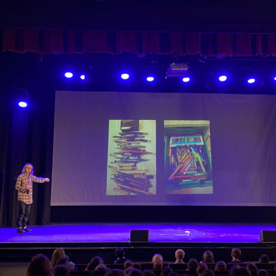 Neal Layton show the Weymouth audience his media