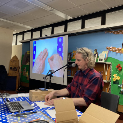 Neal Layton made collage for the children and drew live at Portsmouth Library