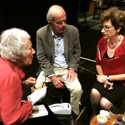 Nicolette Jones, John Burningham and Judith Kerr preparing for their performance at the Old Vic in 2017