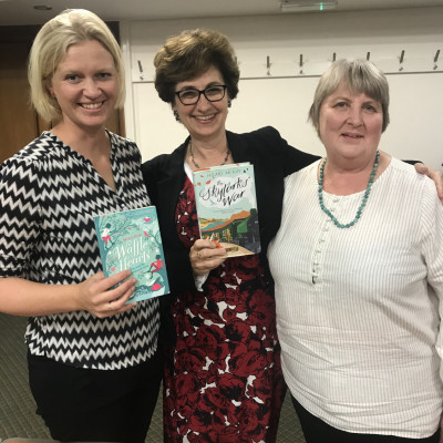 Nicolette Jones with authors Maria Parr and Hilary McKay at the Stafford Gatehouse in 2019.