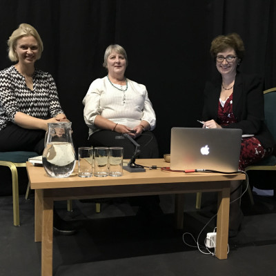 Nicolette Jones with authors Maria Parr and Hilary McKay at the Stafford Gatehouse in 2019.