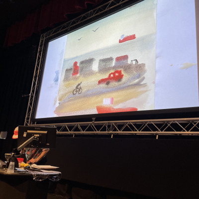 The children listened to a beach soundscape, and Sydney Smith painted what they could hear. It was amazing seeing the picture come to life.