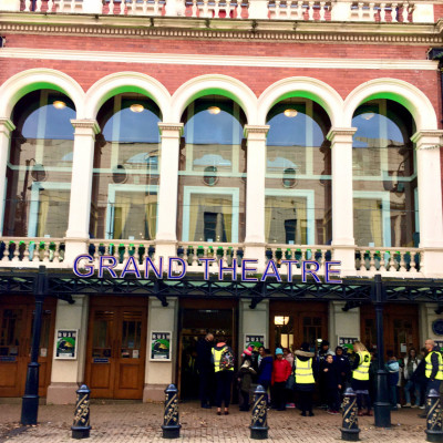 Children going in to the Wolverhampton Grand to see poet Valerie Bloom