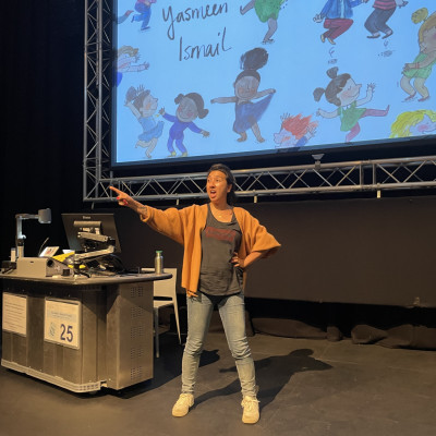 Yasmeen Ismail on stage at the Northcott theatre in Exeter 2023