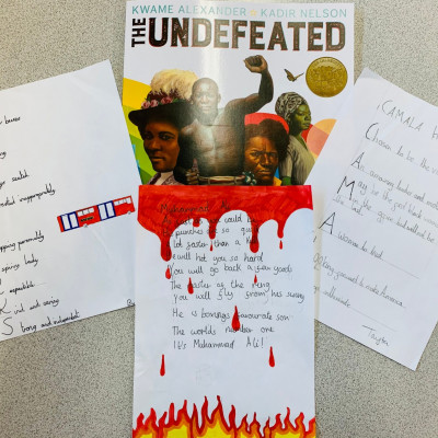 Some of the work completed by children at Bangabandhu primary school, inspired by *The Undefeated*
