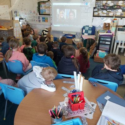 Children watching Helen answer questions from their classroom at Ivegill primary